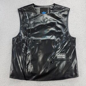 Adidas Chile 62 Vest Womens Large Black Blue Version Faux Leather Snap NEW